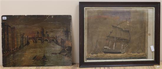 19th century English School, watercolour, naive study of a frigate at sea, 45 x 56cm and an oil on board,